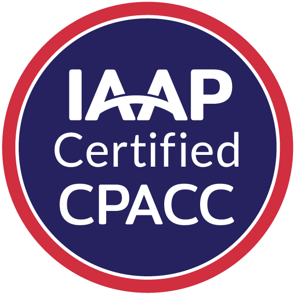 IAAP CPACC certification badge logo with white text on a dark blue circle and red outer ring.
